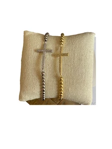 Water Resistant Gold and /or silver beaded Cross Stretch Bracelets NEW - Picture 1 of 1