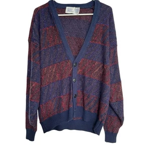 Cárdigan Suéter De Colección Robert Bruce Cuello en V Abuelo Rayas Azul Rojo Talla XL Botón - Imagen 1 de 3