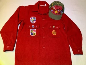 Vtg Boy Scouts BSA Official Jacket Men’s 44 Red Wool Coat Hat Cap Patches Pins - Picture 1 of 17