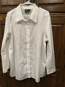 Bob Mackie Wearable Art Top Shirt 1X White Sequin Appliqué Button Down Office - Picture 1 of 5