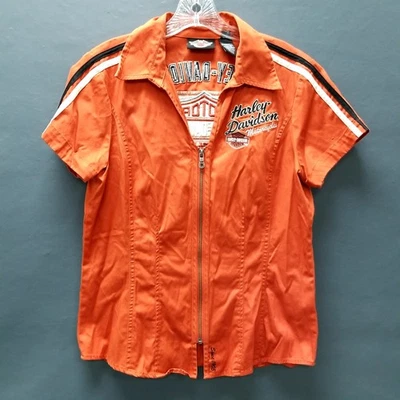Camisa mecánica para mujer Harley Davidson naranja/negro bordada con cremallera mediana Foto 1 de 4