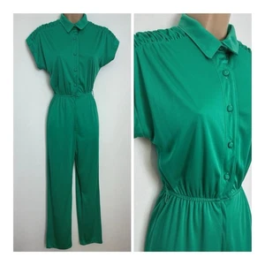 Vintage Late 70s Green Short Sleeve Straight Leg All In One Jumpsuit Size 10 - Picture 1 of 5