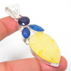 Giallo Avventurina, Blu Giada Gemma 925 Argento Sterling Ciondolo Gioielli 6.3cm - Foto 1 di 5
