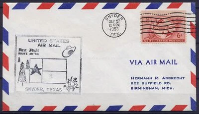 Cover First Flight United States, 1953. Snyder to Birmingham. Snyder to Texas, - Image 1 of 3