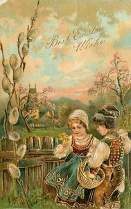 Easter Postcard Victorian Children Willow Egg Basket Gold 1907 Made in Germany - Picture 1 of 2