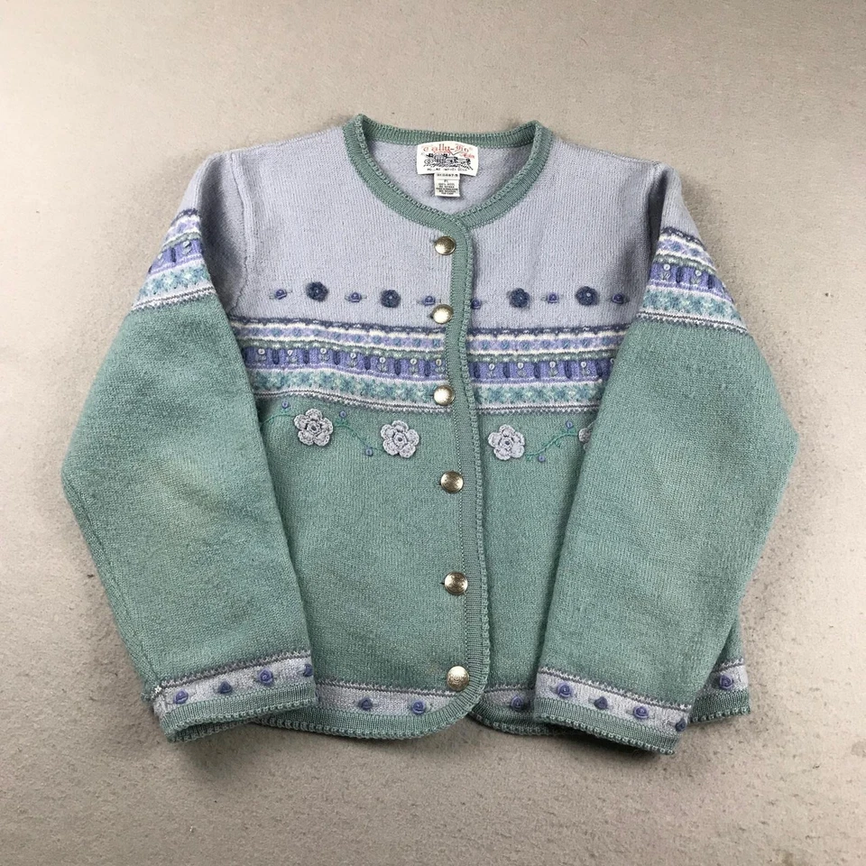 Tally Ho Sweater Womens Large Petites PL Blue Floral Wool Button Up Cardigan VTG - Image 1 of 4