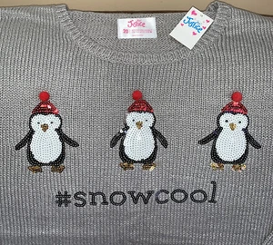 JUSTICE SWEATER SZ 20 #SNOWCOOL SEQUIN PENGUINS GRAY SOFT SHIMMERING SUPER CUTE - Picture 1 of 2