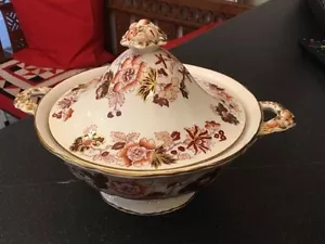 Vintage Masons Round Covered Vegetable Dish Unknown Pattern Brown Pink Plum Gilt - Picture 1 of 6