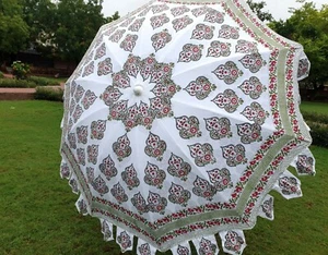 Indian Royal Mughal Hand Block Printed Floral Garden Umbrella Sun Shade Parasol - Picture 1 of 12