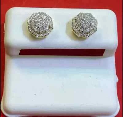 1Ct Round Cut Lab Created Diamond Men's Cluster Stud Earrings Yellow Gold Plated - Image 1 of 4