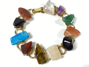 Vintage Gold Tone Link Bracelet Polished Gemstones - Picture 1 of 10