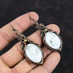 Howlite Wire Wrapped Drop/Dangle Earrings Handcrafted Copper Gift Jewelry 2.83"