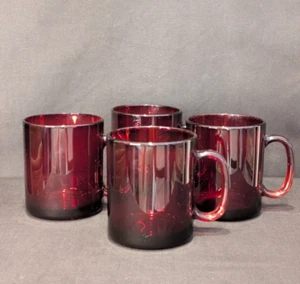 Vintage French Ruby Red Glass Mugs – Set of 4, Marked France, Mid-Century - Picture 1 of 7