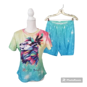 Girls Sz Large 2 Shorts & Shirts Sets Blue Orange "Baby Girl" Rainbow Lion NWOT - Picture 1 of 2