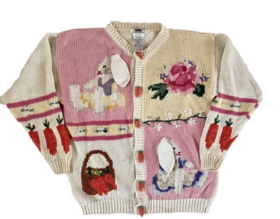 Vintage Eagles Eye Easter Sweater Womens M Chunky Hand Knit Bunny Spring 1995 - Image 1 of 4