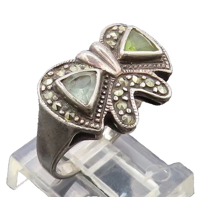 925 Silver  Vintage Blue & Yellow Topaz Halo Marcasite Bow Ring Sz 8  RG27171 - Image 1 of 4