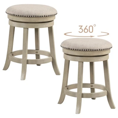Set of 2 Round Counter Height Barstools 24" Swivel Bar Stools w/ Wooden Frame - Image 1 of 4