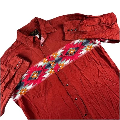 Vintage Rustler Pearl Snap Button-Up Men L Aztec Orange Cowboy Pockets - Image 1 of 4