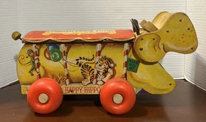 Vintage Fisher Price Happy Hippo 60er Jahre Holz Nachziehspielzeug (gebraucht, guter Zustand) - Bild 1 von 9