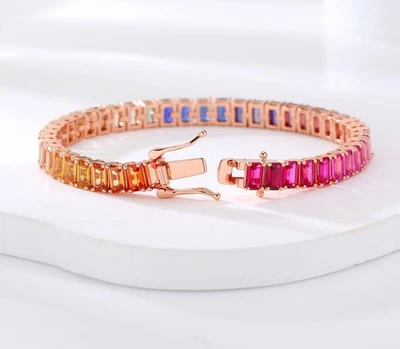 Rainbow Sapphire Tennis Bracelet – Emerald Cut Multi-Colored Gemstone– 14K Gold - Image 1 of 4