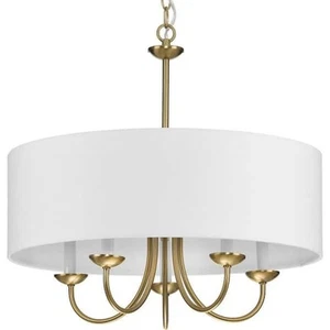 Progress Lighting 5-Light Brushed Bronze White Fabric Shade Drum Chandelier - Picture 1 of 7
