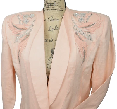 Blazer Lillie Rubin Mujer 1 Botón Adornado Talla 14 Melocotón 100% Lino Chaqueta Foto 1 de 4