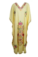 Women's Yellow Embellished Maxi Dress Floral Cotton Kimono Caftan Dresses 4XL