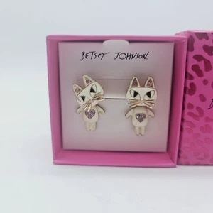 New Betsey Johnson White Cat Earrings Golden Whiskers Pink Rhinestone Ears W Box - Picture 1 of 2