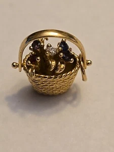 14k Yellow Gold Estate Multi Colored Gemstone Flower Basket Pendant - Picture 1 of 7