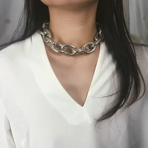 Women Silver Tone Thick Link Chain Choker Necklace - Picture 1 of 5
