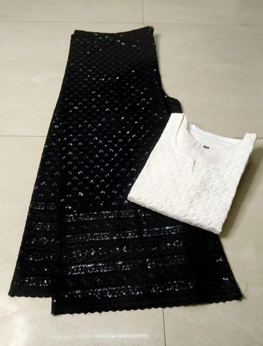 OFF WHITE Abito indiano tradizionale bianco sporco Chikan Kurti con palazzo nero ricamato