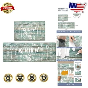 Stylish Green Non-Slip Kitchen Rugs - 2-Piece Anti-Fatigue Mat Set for Home Use - Picture 1 of 9