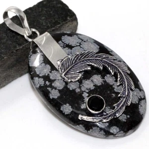 Snowflake Obsidian Black Onyx Cap Statement Gemstone Pendant 2.5" GW - Picture 1 of 3