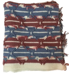 Vintage Throw Blanket Afghan Handmade Crocheted Blue Mauve Cream 41” X 70” - Picture 1 of 3