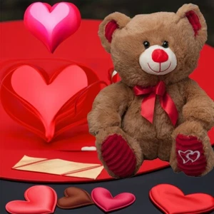 Teddy Bear Stuffed Animal Soft Plush Doll Toy Plushie Gift Brown Hearts 11” - Picture 1 of 5