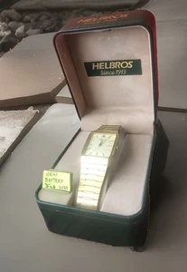 VTG Helbros Caravelle Watch Mens Gold Tone Champagne Quartz Gemstone New Battery - Picture 1 of 16