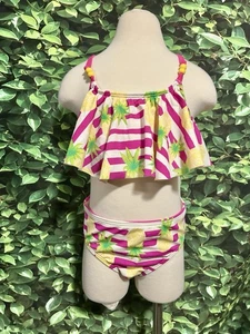 LANDS END Girls Swimsuit 2 Piece Bikini Pink White Pineapples Girls 12S - Picture 1 of 7