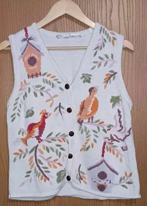 Maglione maglia ricamato uccellino gilet donna taglia petite media bianco uccellini e - Foto 1 di 8