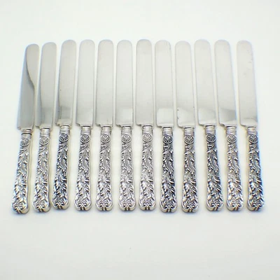 Saint Cloud 12 facas Gorham prata esterlina 1886 mono FLS G - Imagem 1 de 4