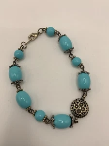 Turquoise Acrylic Beaded Silver Tone Accents Bracelet 7.5” - Picture 1 of 5