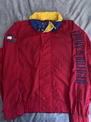 Vintage Tommy Hilfiger Hooded Jacket Size XL Red Spellout 90s Colour Block - Image 1 of 4