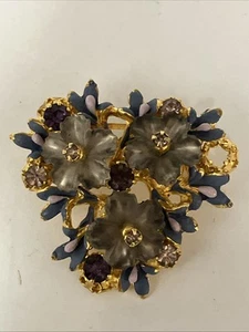 Vtg Brooch Made Austria Goldtone With Purple Flowers Missing Stones Parts/Repair - Picture 1 of 7