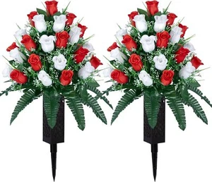 2 Sets Artificial Cemetery Flowers,Outdoor Grave Decorations Roses,Beautiful Arr - Picture 1 of 2