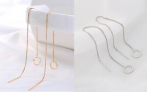 Women's Long Silver Gold Metal Round Circle Decor Threader Dangle Drop Earrings