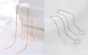 Women's Long Silver Gold Metal Round Circle Decor Threader Dangle Drop Earrings - Picture 1 of 11