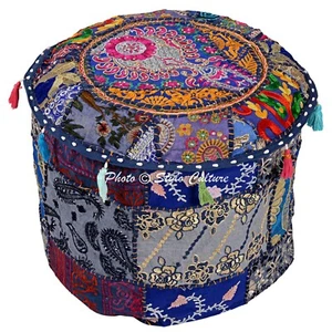 Blue Round Ottoman Chair Pouf Stool Patchwork Handmade Pouffe Poof INDIAN Decor - Picture 1 of 5
