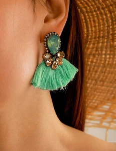 Light Green Tassel Earrings Sea Green Resin Acrylic Cabochon Statement Earrings - Picture 1 of 6