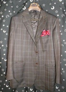 Canali Mens Suit Jacket Blazer 46 Plaid Windowpane Italy Brown Blue Wool Office - Picture 1 of 8
