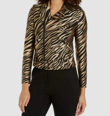 $229 Anne Klein Women's Gold Long Sleeve Zebra Zippered Bolero Jacket Size 8 - Image 1 of 2