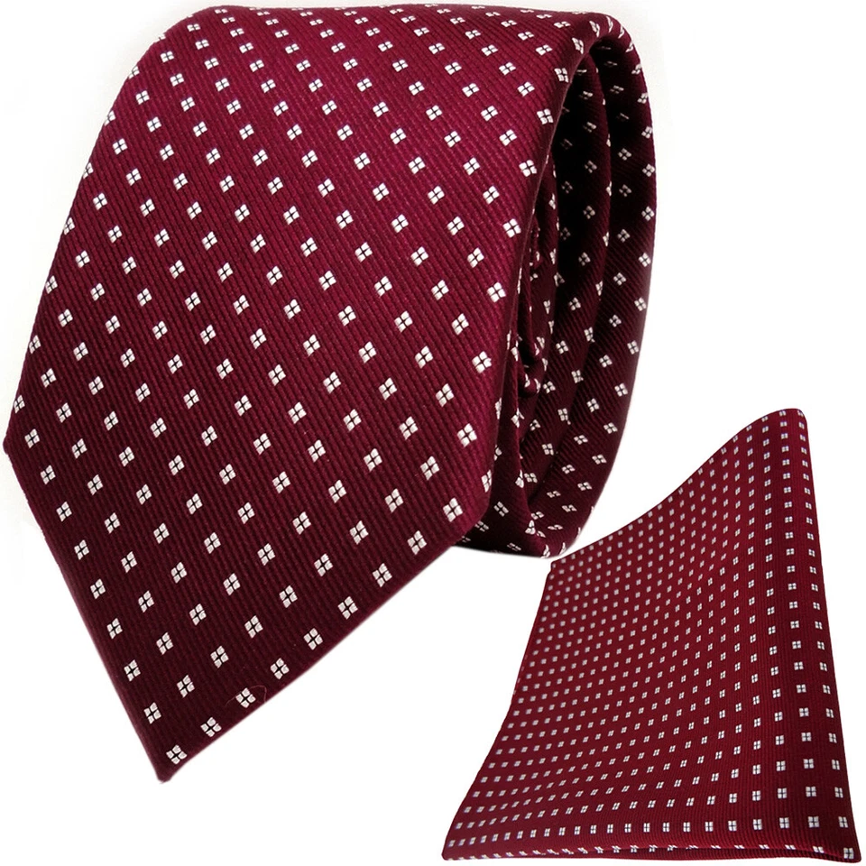 TigerTie Seidenkrawatte + Einstecktuch weinrot silber gepunktet mit vierecken